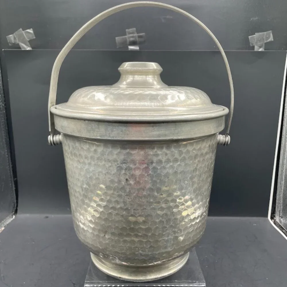 Hammered Aluminum Ice Bucket with Lid Made in Italy Vintage Barware